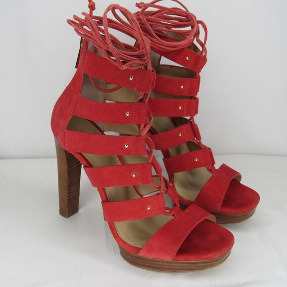 Micheal Kors Red Suede leather SOFIA Lace Up Gladiator Heel Sandal 4" Women's 7 - Picture 2 of 10